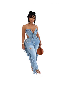 Nuovi Arrivi: <span class=keywords><strong>Tuta</strong></span> <span class=keywords><strong>in</strong></span> Denim da Donna con Logo Personalizzato, Sexy con Scollo a V e Dettagli Traforati, <span class=keywords><strong>Tuta</strong></span> Intera Casual - Product Image 2