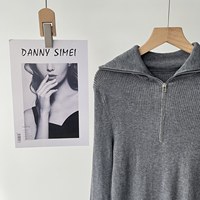 Pull en maille côtelée pour femme, col à revers et demi-zip, coupe ajustée, manches longues avec détail de poignets en maille, pour l'automne et l'hiver 077-3740