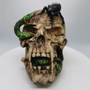 2020 NEW RESIN SCARY CREATIVE DESIGN HUMAN LIFE SIZE HOLIDAY HALLOWEEN SKULL SKELETON HEAD WITH SNAKE SPIDER DECORATIVE STATUE