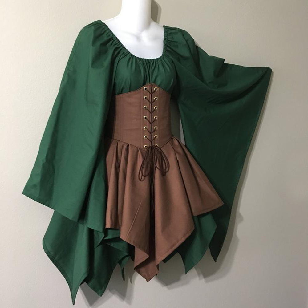 green medieval dress plus size Green Medieval Dress Renaissance Square Neck Wide Sleeve Short Dress Cosplay Costume