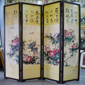 Bamboo Silk Printed Folding Screen Khaki Color Foldable Chinese Style Room Divider For Living Room Export - Product Image 2