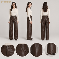 Pantalon large taille haute marron pour femme, aspect cuir, longueur intégrale, boutons sur le devant, poches, personnalisable OEM, vente en gros