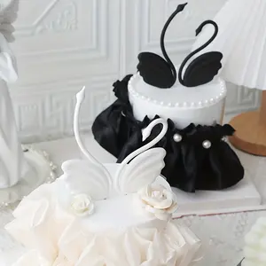 Sevgililer günü kuğu kek dekorasyon yumuşak plastik beyaz siyah pembe kuğu dekorasyon çift kek üst