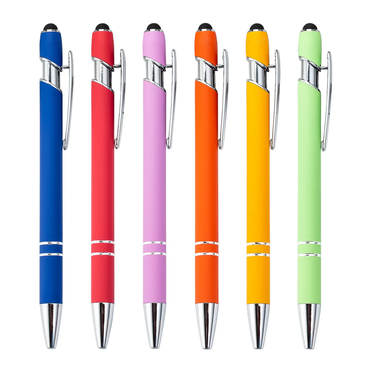 プロモーションホット新着ソフトタッチペン広告プリントロゴボールペン、スタイラスアルミニウムメタルスクリーンタッチペン2in1