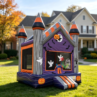 Casa de Brinco Inflable de Grado Comercial con Estampado de Bruja Morada y Luna, Casa de Juegos Inflable con Fantasmas y Murciélagos para Alquiler en Fiestas de Halloween