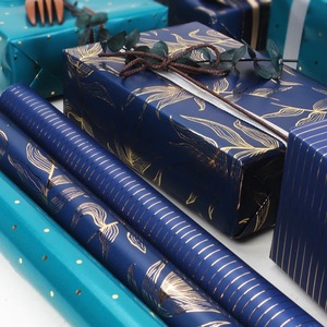 Blue Gold Leaf Pattern Recyclable Gift <b>Wrapping</b> <b>Paper</b> Roll Double Sided Art <b>Paper</b> 70GSM for Gift Packaging Digital Printing - Product Image 5