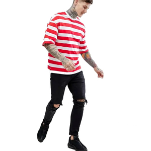 T-shirt Oversize in cotone classico di ultima progettazione, rosso <span class=keywords><strong>e</strong></span> bianco, a <span class=keywords><strong>righe</strong></span> orizzontali O collo da uomo - Product Image 4