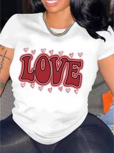 T-shirt da donna nera con stampa grafica 'Love', girocollo, manica corta, casual, per San Valentino, da palestra, in tessuto jersey opaco stampato - Product Image 3