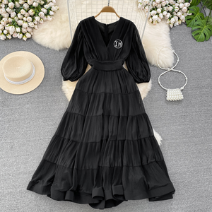 All'ingrosso elegante abito lungo in Chiffon da donna Casual plissettato mezza lanterna manica scollo a V con cerniera naturale lavabile - Product Image 5