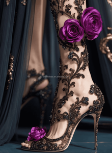 Seksi Mor 3D Çiçekli Düğün Taşlı Bilekten Bağlamalı Topuklu Metal Çiçek Kristal Kelebek Topuklu Sandalet Mor Gelinlik Ayakkabısı - Product Image 1