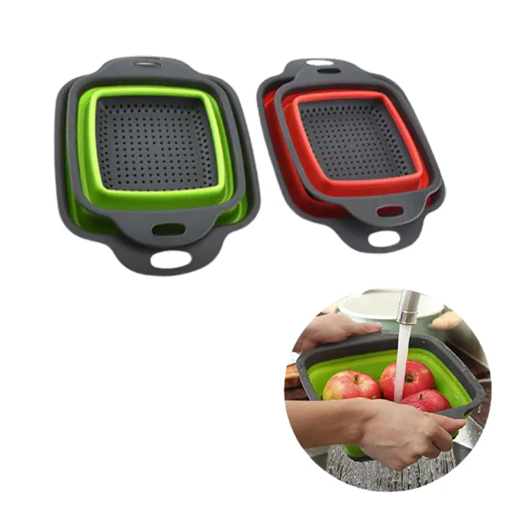 Kitchen Fruit Basket Green Filter Funnel Square Collapsible Drain Colander