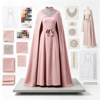 Abaya Cape Rose Poudré pour Femme, Col Montant, Ornée de Strass, Ceinture à Nœud, Robe Longue Fluide Musulmane, Robe de Soirée et de Mariage OEM