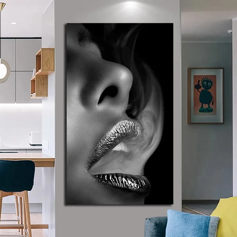 Frameloze Zwart-wit Lip Canvas Schilderij Vrouwen Portret Scandinavische Posters En Prints Wall Art Moderne Home Decor