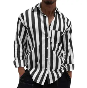 Летняя Мужская Повседневная рубашка с длинным рукавом и принтом, черная белая полосатая Мужская рубашка, классические топы