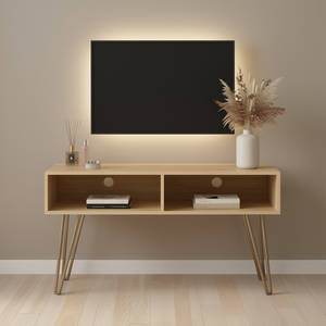 Mobile TV moderno in legno di abete con 2 ripiani aperti e gambe in metallo per TV da 50-54 pollici, arredamento per soggiorno - Product Image 2