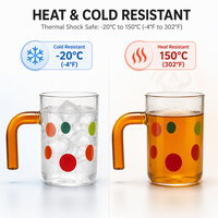 Tasse en verre artisanale ludique de 500 ml sans BPA à pois avec poignée ambrée, couvercle et paille pour boissons chaudes/froides, café et thé, compatible micro-ondes
