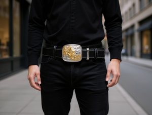 Cintura in metallo argento e oro con fibbia a scatola, larghezza 5,0 cm, stile rotondo - Product Image 2