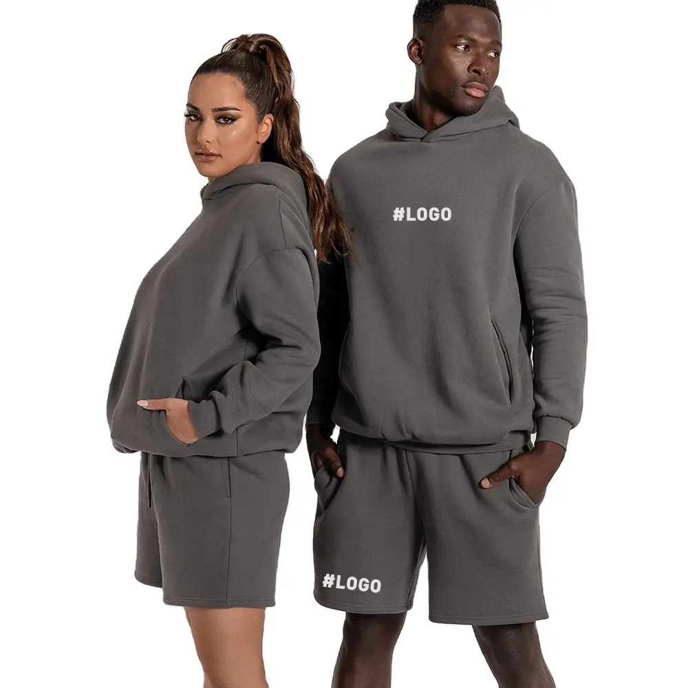 Tùy Chỉnh Thêu Phụ Nữ Áo Len Thiết Lập Đồng Bằng Rắn Giản Dị Áo Và Jogger Thiết Lập Unisex Bông Lông Cừu Người Đàn Ông Quần Short Bộ