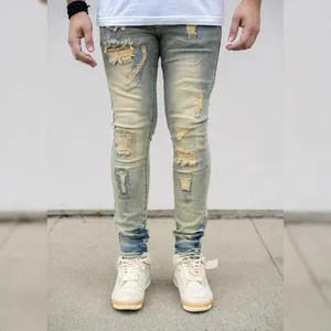 DiZNEW Hip Hop Custom Knee Ripped Distressed Patches Men's Skinny Ripped Washed Jeans