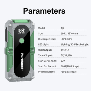 แบตเตอรี่สำรองสำหรับรถยนต์ Purehood 2000A ความจุ 21800mAh พร้อมหัวหนีบอัจฉริยะแบบ Type-C สำหรับเครื่องยนต์เบนซิน 3.5 ลิตร และ 2.5 ลิตร รุ่น Q1 ใช้สำหรับรถที่แบตเตอรี่หมด - Product Image 1