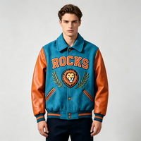 Blouson universitaire personnalisé en laine chenille brodée avec manches en cuir, style baseball, logo frontal, collection printemps