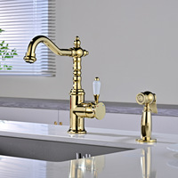 Robinet de cuisine rétro français en zircon doré avec douchette extractible pour eau chaude et froide