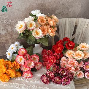 Flores de peonía artificiales de seda de nueve cabezas para decoración de bodas y hoteles - Product Image 1
