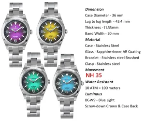 CRONOS Men Pilot <strong>Watch</strong> 36mm Automatic Mechanical Wristwatch BGW-9 Luminous 10ATM Waterproof PT5000 Gradient Sunray Dial - Product Image 3