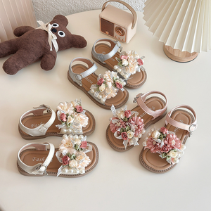 Nouvelles sandales d'été à fleurs et à lacets pour filles, sandales ouvertes à bout ouvert, chaussures de plage décontractées pour filles - Product Image 1