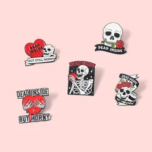 Dead Inside But Horny Cheap Enamel Pins Custom Horror Halloween Rose Heart Brooch Lapel Badges Pin for Friends
