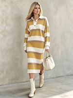 Robe pull midi en maille acrylique rayée à col polo et manches longues, coupe droite ample avec fente latérale pour femme