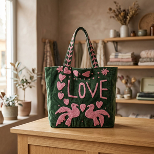 Sac fourre-tout en velours brodé Suzani fait main, motif oiseaux amoureux, sac à bandoulière décontracté de luxe, sacs de shopping écologiques en gros - Product Image 1