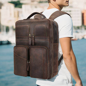 Рюкзак из натуральной кожи на заказ коричневый водонепроницаемый винтажный рюкзак для ноутбука на молнии с несколькими карманами из натуральной воловьей кожи - Product Image 5