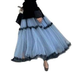 Falda Larga de Doble Capa con Puntos Azules para Mujer, de Chifón y Malla, Cintura Regular, Elegante, Primavera, Poliéster/Algodón - Product Image 3