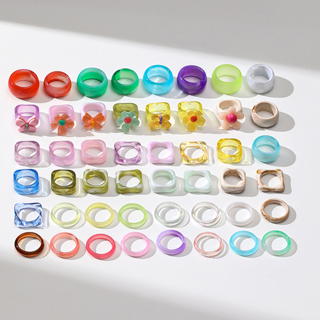 Retro Cold Wind Style Resin Ring, Pink, Lake Blue, Transparent, Amber, Beige Resin Ring Sets