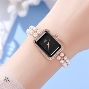 Montre-bracelet tendance pour femme, bracelet en perles, cadran carré orné de strass, montre compacte à quartz pour femme - Product Image 4