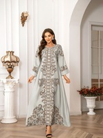 Robe longue maxi imprimée avec perles et strass, vert, gris, bleu, argent, pour femmes musulmanes, Abaya Kaftan, manches longues, en polyester, vente en gros, en stock