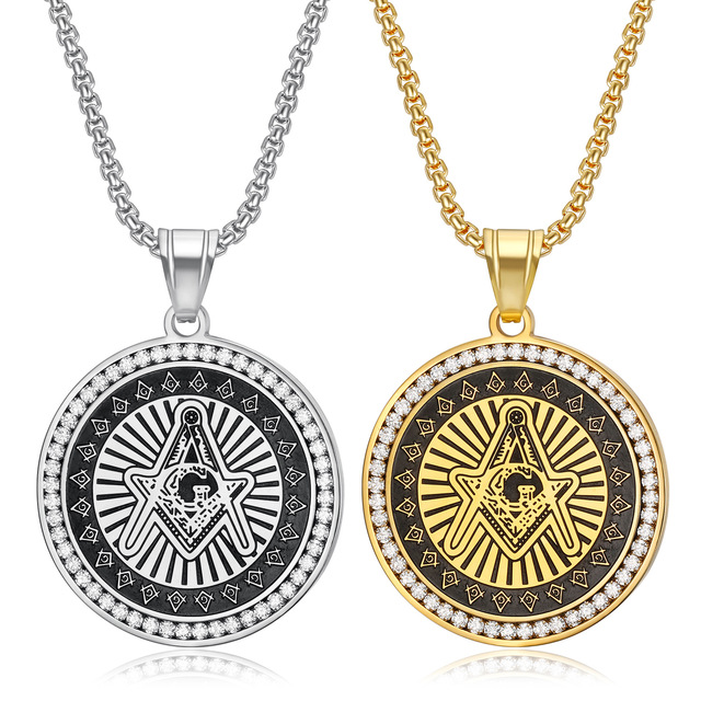 Hip Hop Round Freemason Masonic Mason Zircon Waterproof Tarnish Free Stainless Steel Fashion Jewelry Pendant Necklaces Men Male