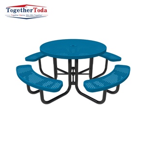 Table de pique-nique commerciale en acier pour parc extérieur avec banc, table de pique-nique ronde en métal pour terrasse extérieure, café, jardin - Product Image 6