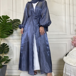 1926# Muslim Abaya Dress Shiny Satin Large Bell Sleeve Modesty Open Abaya Islamic Clothing for 2022 EID - Product Image 3