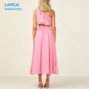 Custom Cut and Sew Clothing Manufacturer Elegant Beige Asymmetrical <span class=keywords><strong>Top</strong></span> and Flowy Maxi Dress Two Pieces <span class=keywords><strong>Set</strong></span> for Women - Product Image 4