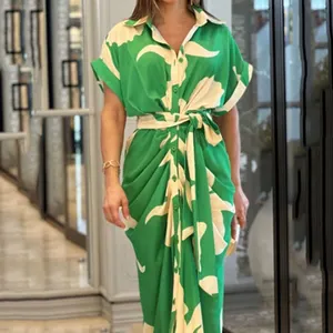 Zarif Midi uzunluk yaz bayanlar kısa kollu tek göğüslü kadınlar rahat elbiseler ofis iş gömlek elbise