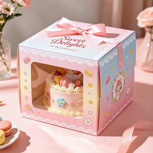 Cajas Rígidas Ecológicas para Pasteles de Color Rosa Estilo <span class=keywords><strong>Princesa</strong></span> con Ventana, Lindas Cajas de Panadería Impresas con Cinta para Empacar en Fiestas de Cumpleaños - Product Image 1