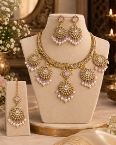Gold Plated Brass <b>Bridal</b> <b>Jewelry</b> <b>Set</b> Green Zircon Imitation Pearl Necklace Earrings Maang Tikka Wedding For Womens Classic Style - Product Image 4