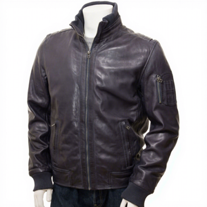 Blouson Bomber Homme en Cuir Véritable Bleu Marine, Col Montant en Peau de Mouton, Poches Zippées, Ourlet Côtelé – Vêtement d'Extérieur Hiver Chaud Personnalisé - Product Image 1