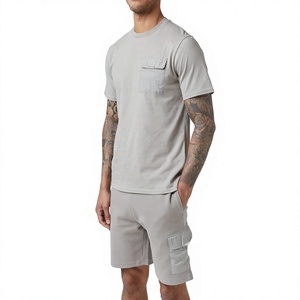 Ensemble t-shirt et short en coton gris pour homme, col rond, couleur unie, tenue décontractée d'été, 100% coton, ensemble d'été pour homme - Product Image 4