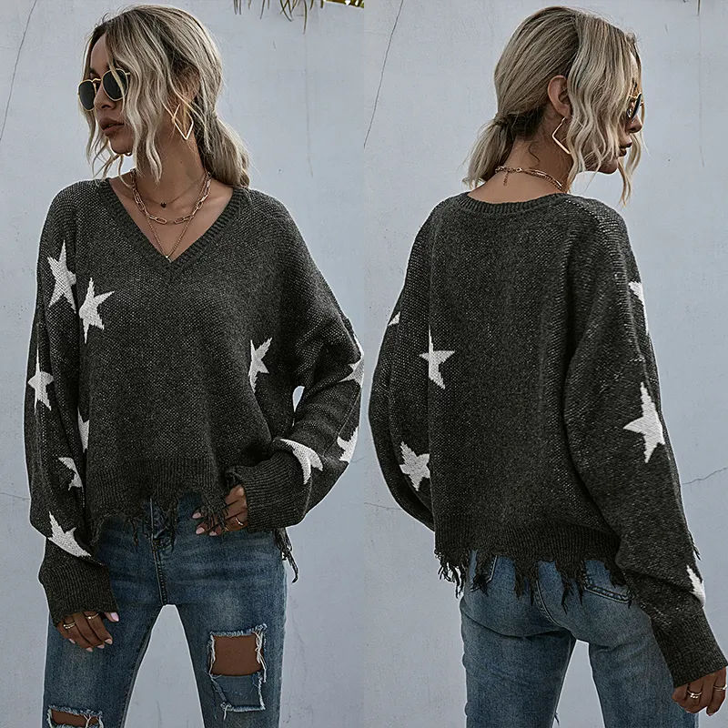 Factory wholesale V Neck Long Sleeve distressed tassel Pullover women Star sweater