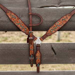 Juego de tachuelas de caballo con incrustaciones de turquesa marrón de cuero genuino ligero, sillín inglés, equipo de equitación de temporada, incluido Headstall - Product Image 1