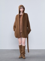 Cardigan à capuche vintage 100 % cachemire pur, écologique, pour femme, coupe oversize, ouvert sur le devant, avec ceinture, épais, chaud, côtelé, pour l'hiver