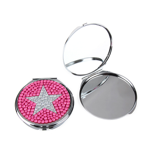 Miroir de poche compact rond en métal argenté de 7 cm avec logo personnalisé, strass scintillants, étoile, pliable, double face, en verre, pour maquillage, vente en gros - Product Image 1